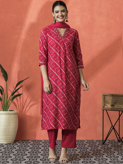Indyancart SN Women's Bandhani Printed V-Neck Pleated Pure Cotton Straight Kurta With Trouser & Dupatta