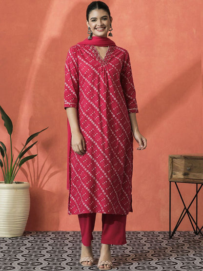 Indyancart SN Women's Bandhani Printed V-Neck Pleated Pure Cotton Straight Kurta With Trouser & Dupatta