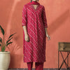 Indyancart SN Women's Bandhani Printed V-Neck Pleated Pure Cotton Straight Kurta With Trouser & Dupatta