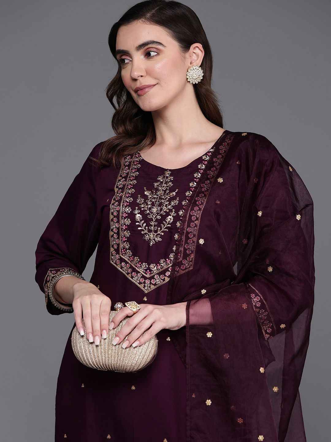 Floral Embroidered Regular Kurta with Trousers & Dupatta