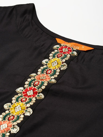 Dhiyona IE Women Black & Pink Floral Embroidered Kurta with Palazzos & With Dupatta
