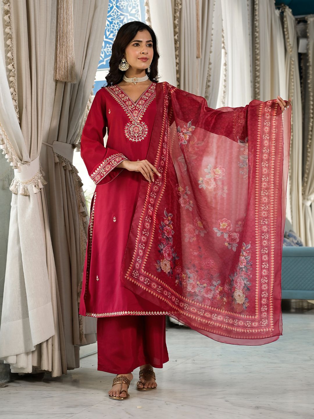 Indyancart VA Ethnic Motifs Zari Embroidered Mirror Work Straight Kurta With Trousers & Dupatta