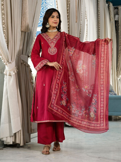 Indyancart VA Ethnic Motifs Zari Embroidered Mirror Work Straight Kurta With Trousers & Dupatta