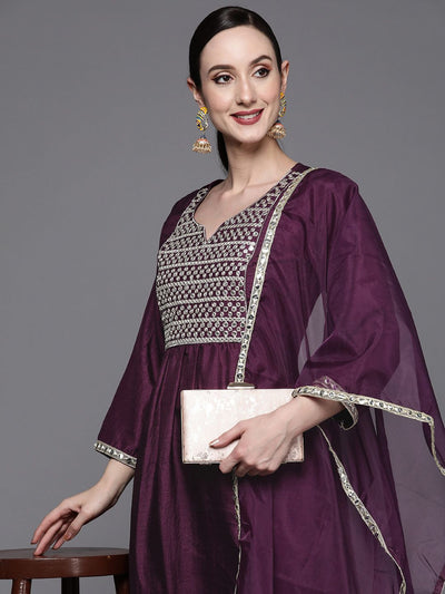 Dhiyona IE Women Purple Yoke Design Mirror Work Kurta with Trousers & With Dupatta