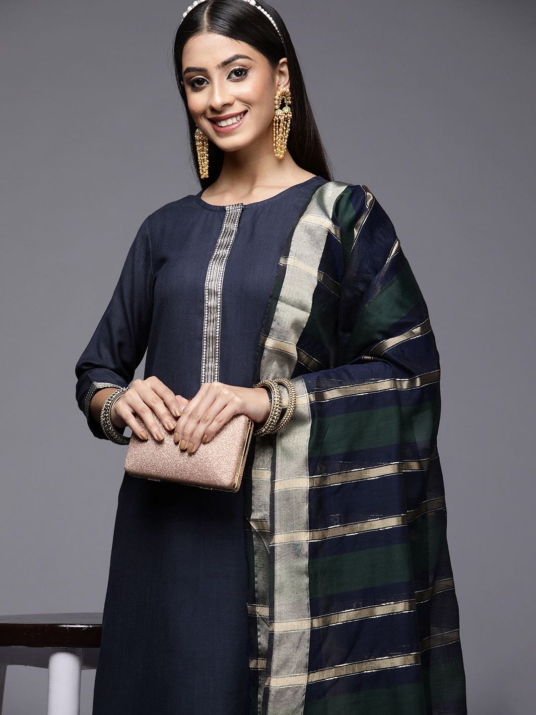 Dhiyona IE Women Navy Blue Ethnic Motifs Yoke Design Kurta with Palazzos & With Dupatta