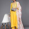 Dhiyona VA Women's Yellow Yoke Design Mirror Work Kurta with Trousers & Dupatta
