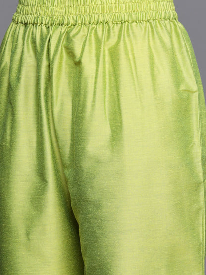 Indyancart VA Women's Lime Green Ethnic Motifs Yoke Design Beads and Stones Kurta with Trousers & With Dupatta