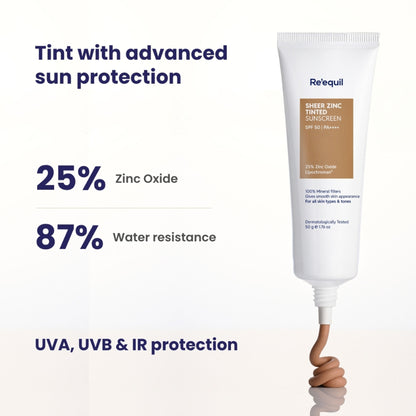 Re'equil Sheer Zinc Tinted Sunscreen Spf 50 Pa+++ 100% Mineral Sunscreen