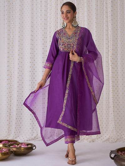 Indyancart IE Floral Embroidered Pleated Zari Liva Anarkali Kurta With Trousers & Dupatta