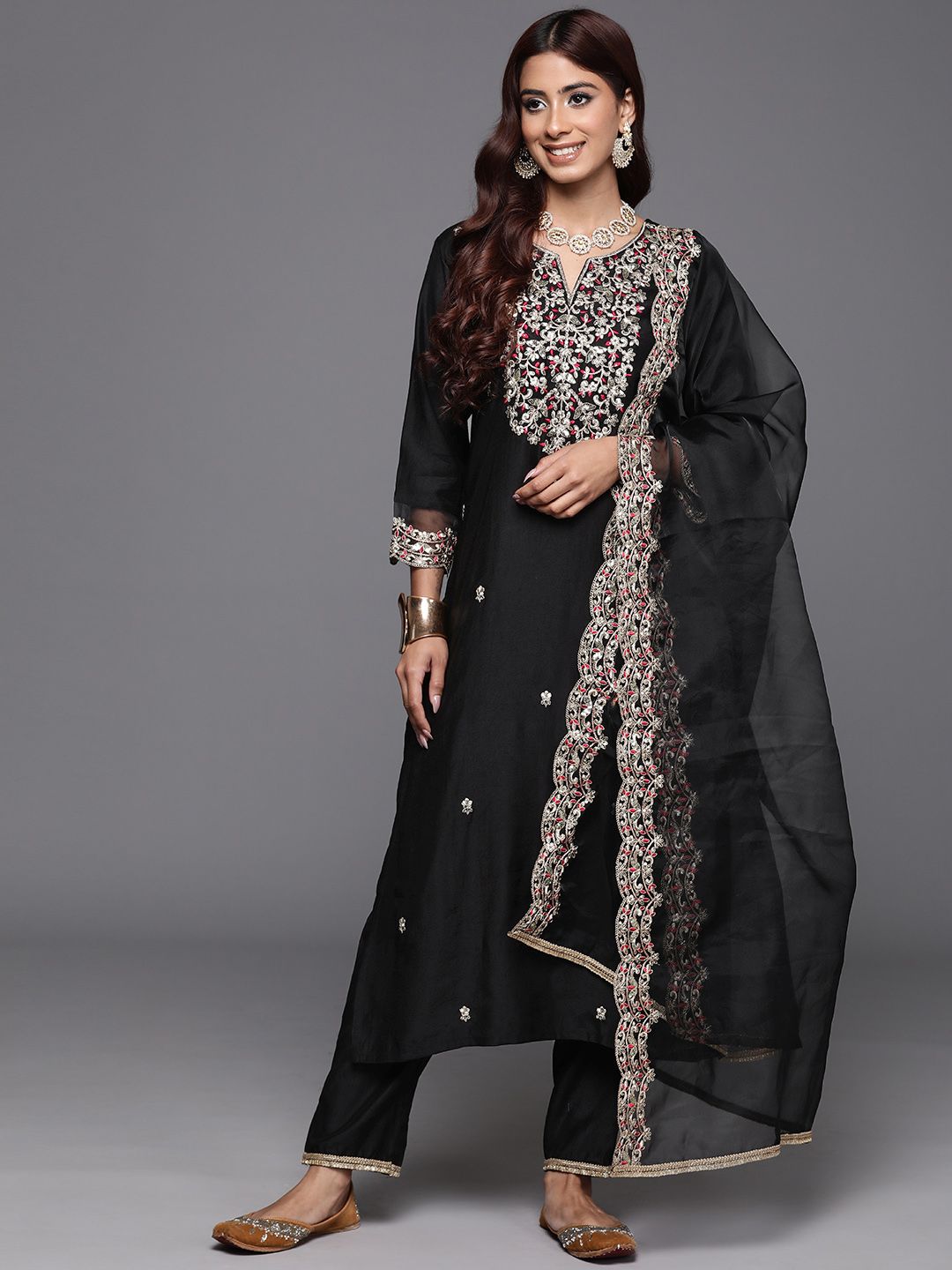 Indyancart IE Floral Embroidered Regular Sequinned Liva Kurta with Trousers & Dupatta