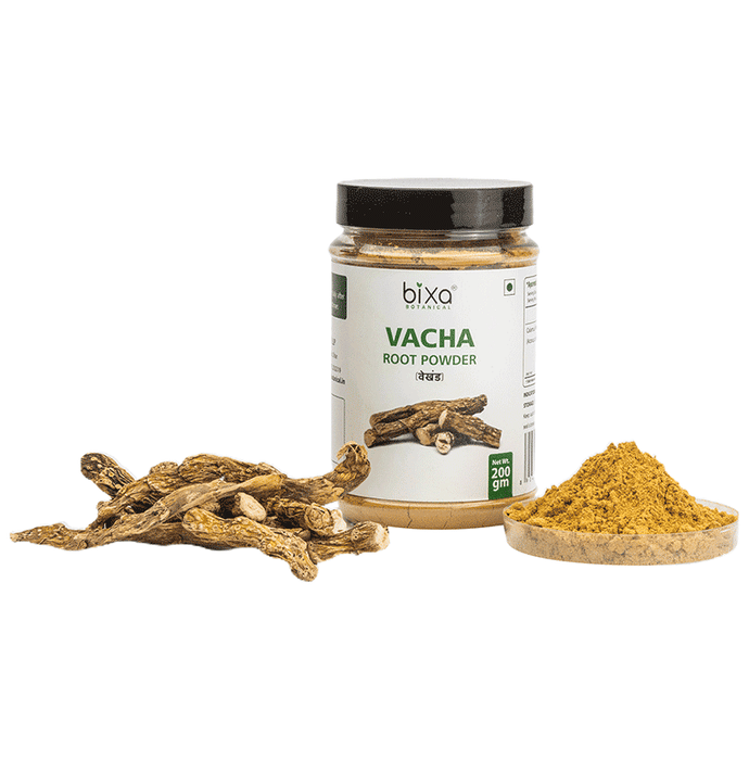 Bixa Botanical Vacha Powder, an Ayurvedic herbal powder in a clear jar showing its fine, light brown powder for natural healing.