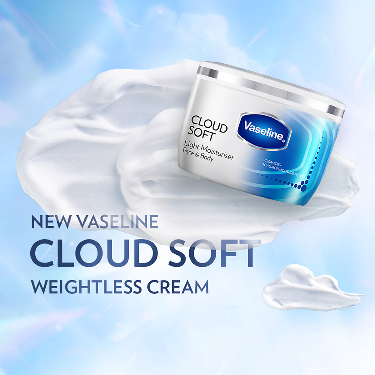Vaseline Cloud Soft Light Moisturiser,100 Hours Non-Sticky Hydration,Ceramides & Hyaluron