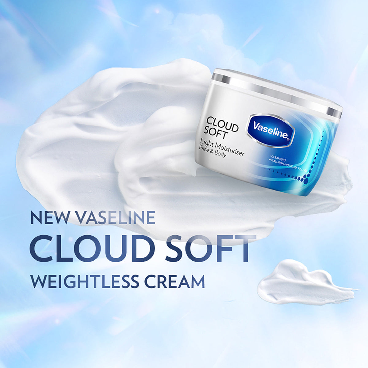Vaseline Cloud Soft Light Moisturiser,100 Hours Non-Sticky Hydration,Ceramides & Hyaluron