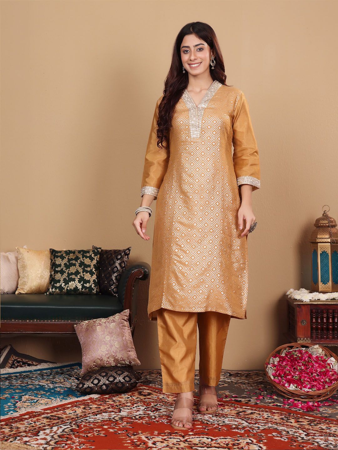 Dhiyona VA Women'sEthnic Motifs Woven Design Sequinned Straight Kurta with Trousers & Dupatta