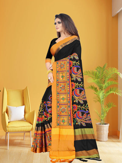 Indyancart RV Women's Cotton Silk Heavy Kutchi Work With Peacock Design Embroidered Saree  ( KVD861 )