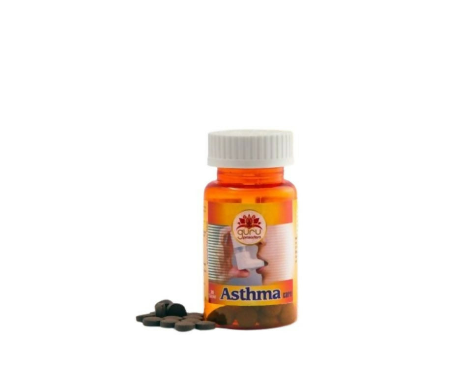 Guru Prasadam Ayurvedic asthma care tablets in a blister pack, natural herbal remedy for respiratory health.