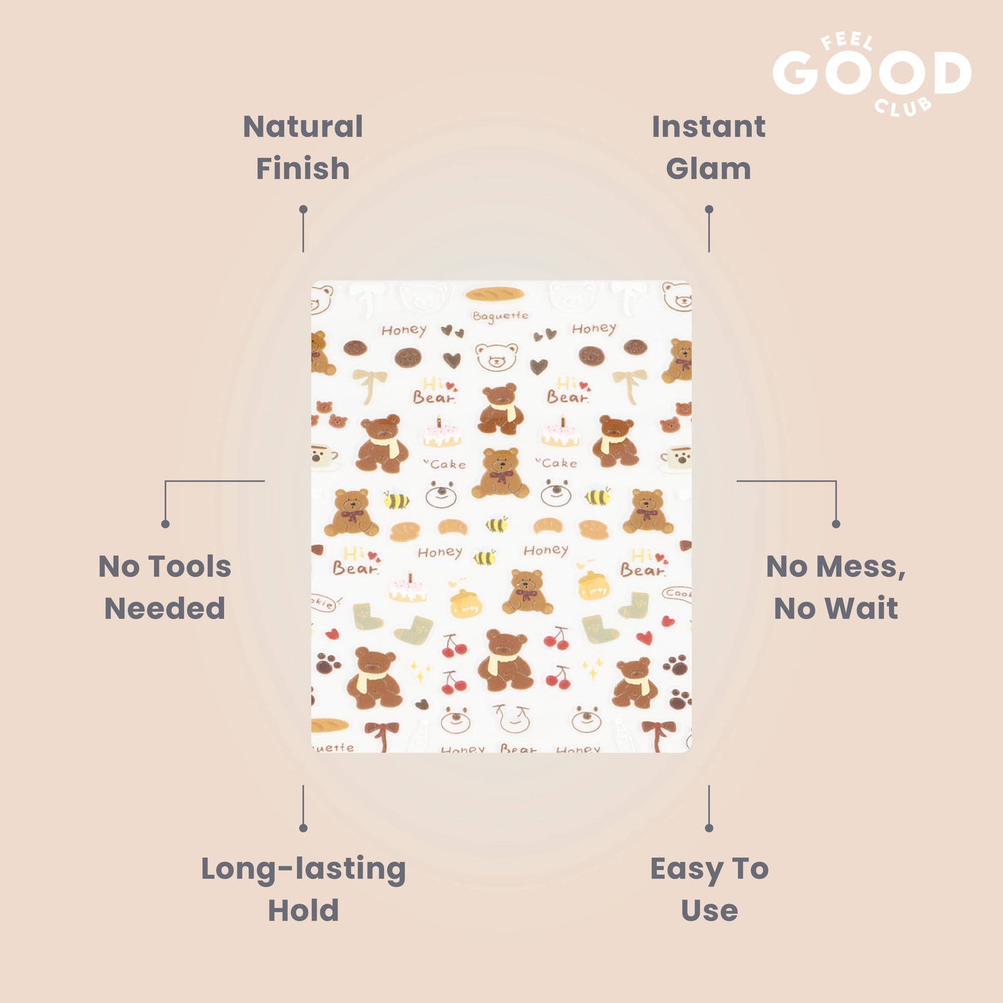 Feel Good Club Bows & Bears Nail Stickers For Quick Nail Art - Peel & Apply After Nail Polish Enamel