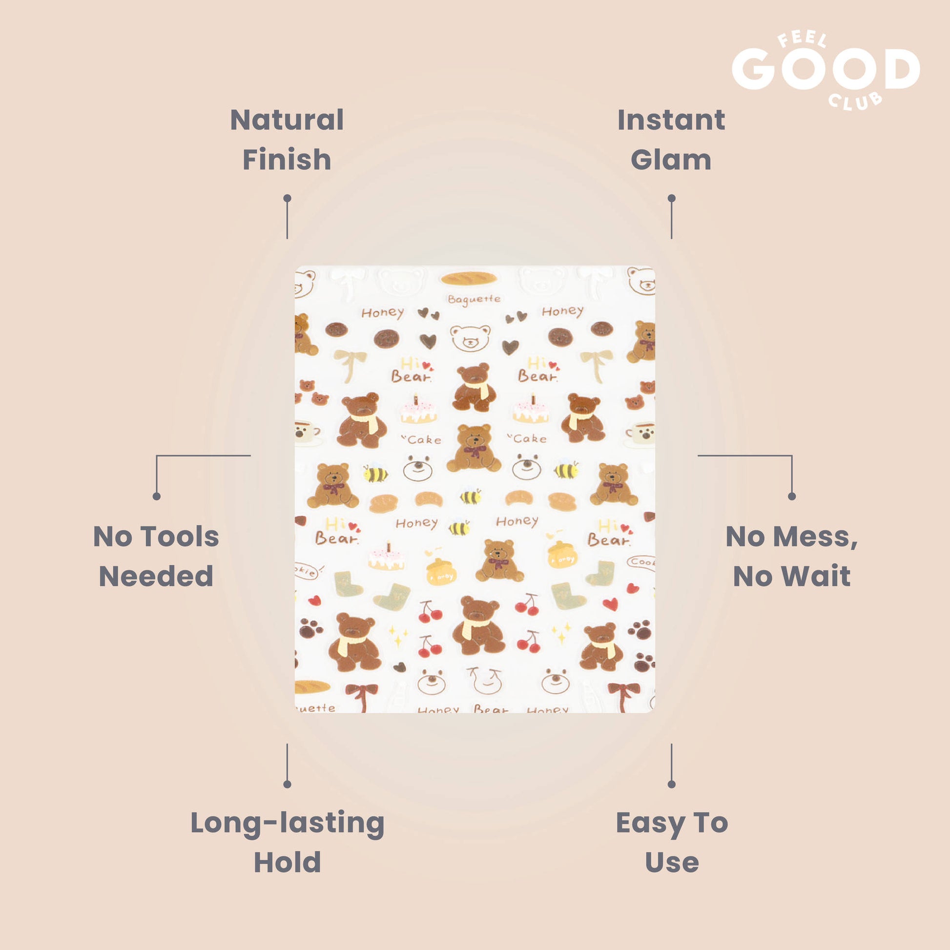 Feel Good Club Bows & Bears Nail Stickers For Quick Nail Art - Peel & Apply After Nail Polish Enamel