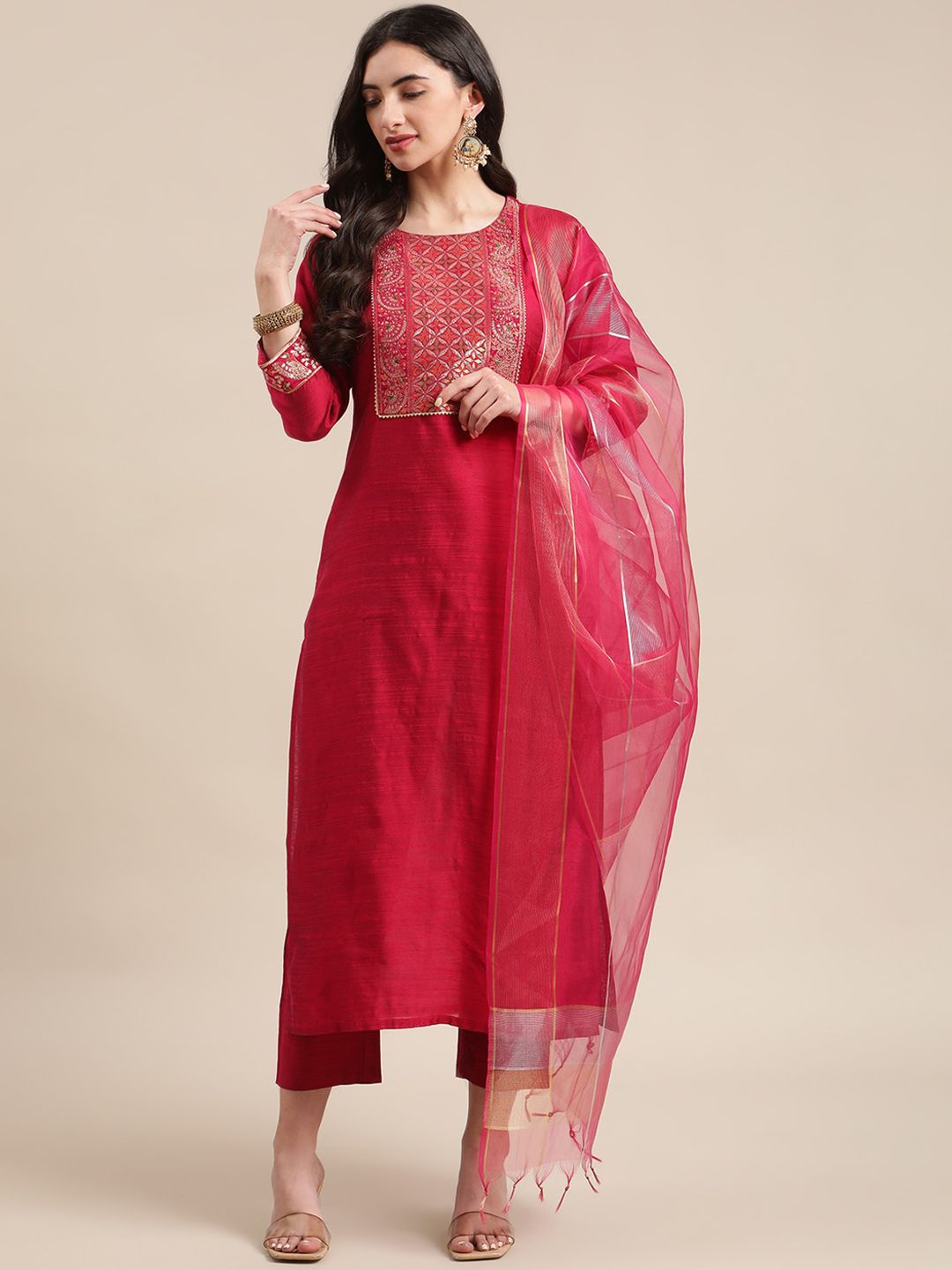 Indyancart VA Women's Red Yoke Design Kurta with Trousers & With Dupatta