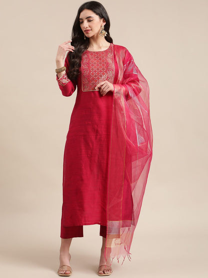 Indyancart VA Women's Red Yoke Design Kurta with Trousers & With Dupatta