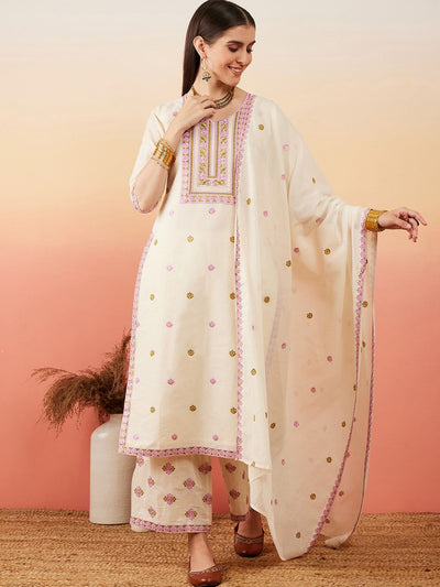 Indyancart SN Women's Floral Embroidered Pure Cotton Straight Kurta With Palazzo & Dupatta
