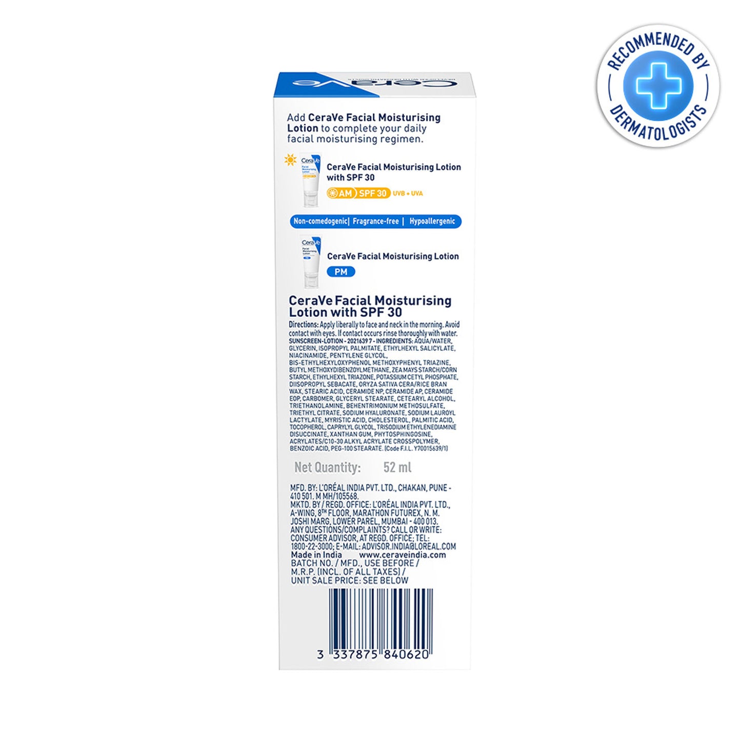 CeraVe AM Facial Moisturizer With Sunscreen SPF 30 UVB + UVA, Dermatologist Recommended Day Cream