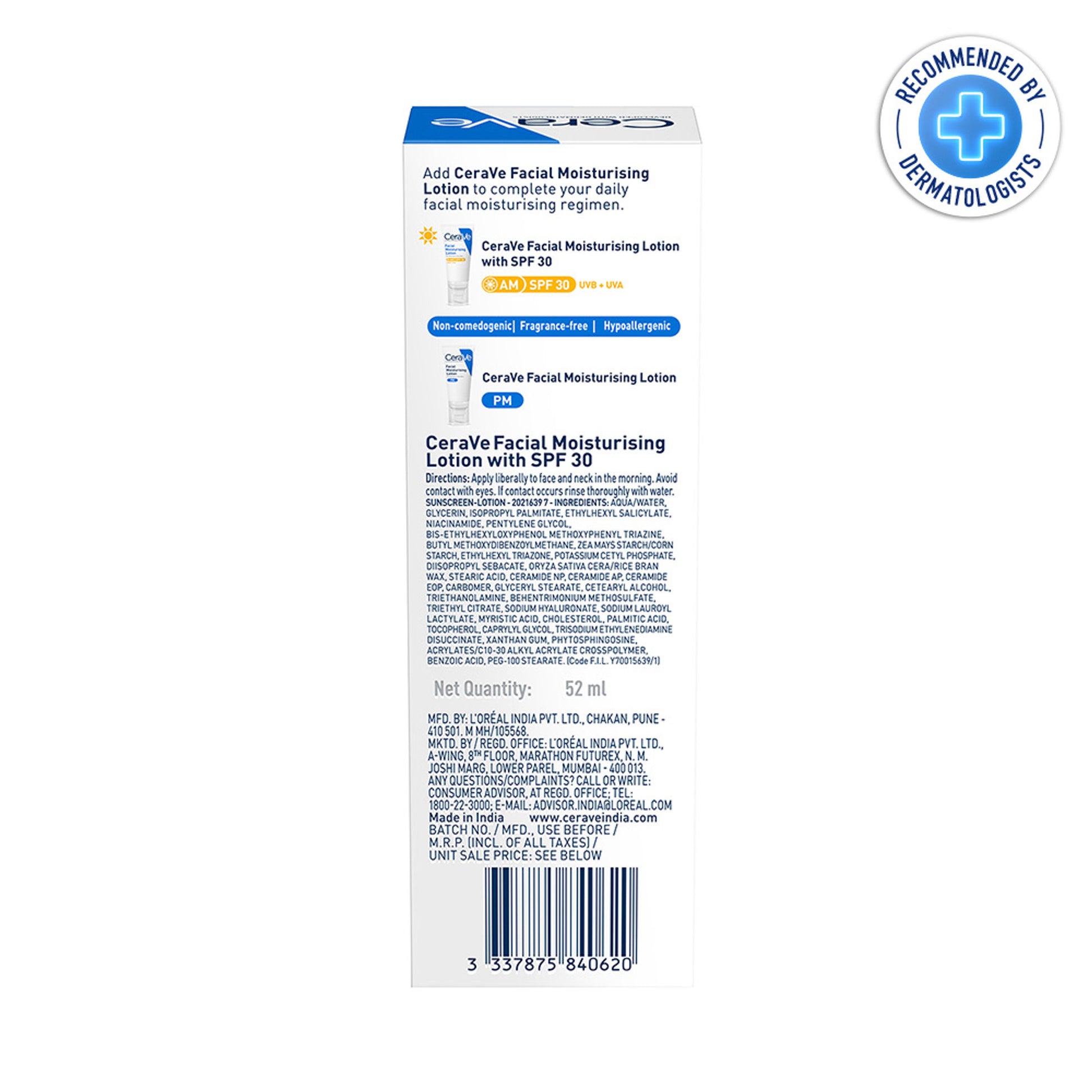 CeraVe AM Facial Moisturizer With Sunscreen SPF 30 UVB + UVA, Dermatologist Recommended Day Cream