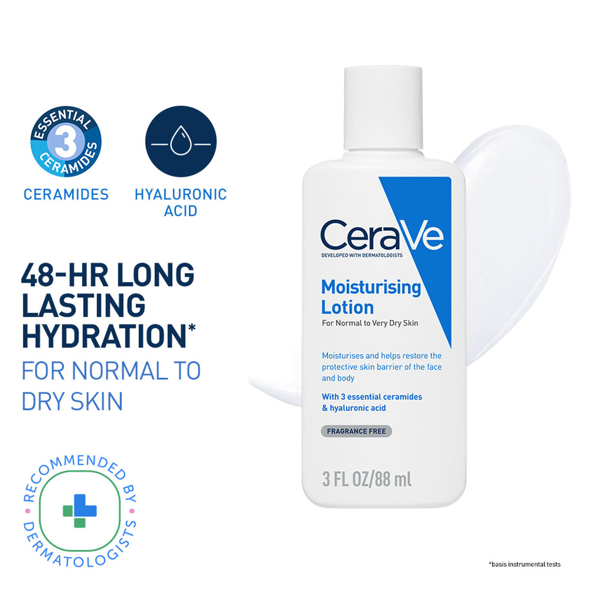 CeraVe Moisturizing Body Lotion for normal to dry skin with ceramides, dermatologically recommended, in a pump bottle.