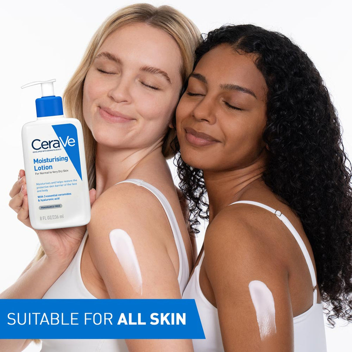 CeraVe Moisturizing Body Lotion for normal to dry skin with ceramides, featuring a pump bottle and dermatologist recommendation.