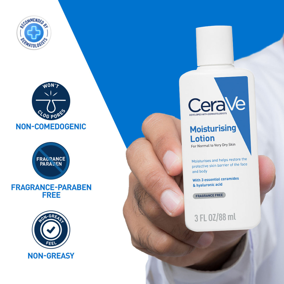 CeraVe Moisturizing Body Lotion for normal to dry skin with ceramides, dermatologist recommended, shown in a pump bottle