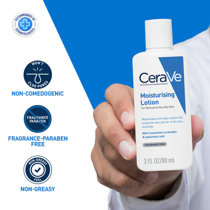 CeraVe Moisturizing Body Lotion for normal to dry skin with ceramides, dermatologist recommended, shown in a pump bottle
