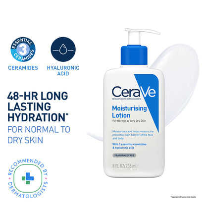 CeraVe moisturizing body lotion for normal to dry skin with ceramides, dermatologist recommended, in a pump bottle