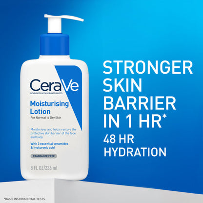 CeraVe Moisturizing Body Lotion for normal to dry skin with ceramides, featuring a pump bottle and smooth lotion texture.