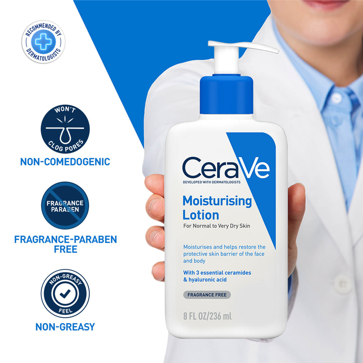 CeraVe moisturizing body lotion for normal to dry skin with ceramides, dermatologist recommended, in a pump bottle.