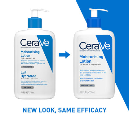 CeraVe moisturizing body lotion for normal to dry skin with ceramides, dermatologist recommended, in a pump bottle.
