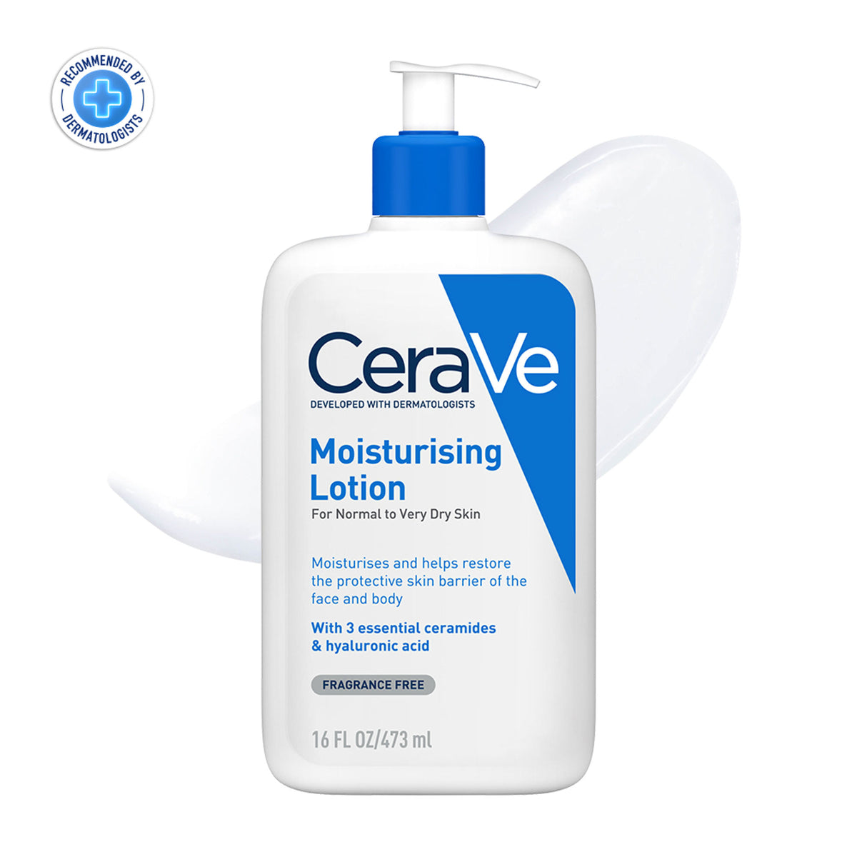 CeraVe Moisturizing Body Lotion for normal to dry skin, featuring ceramides, in a pump bottle with a white label and blue accents.