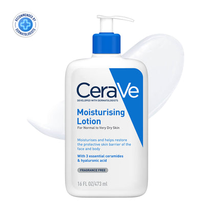 CeraVe Moisturizing Body Lotion for normal to dry skin, featuring ceramides, in a pump bottle with a white label and blue accents.