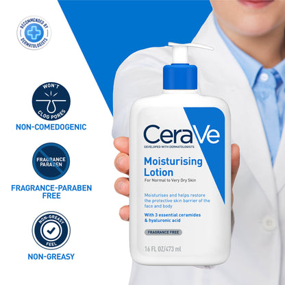 CeraVe Moisturizing Body Lotion for normal to dry skin with ceramides, dermatologist recommended, in a pump bottle
