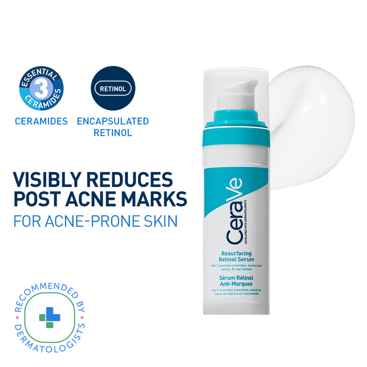 CeraVe Resurfacing Retinol Serum with licorice root extract and niacinamide, reducing acne marks on clear skin.