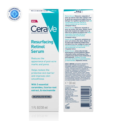 CeraVe Resurfacing Retinol Serum with licorice root extract and niacinamide for reducing acne marks and improving skin texture.