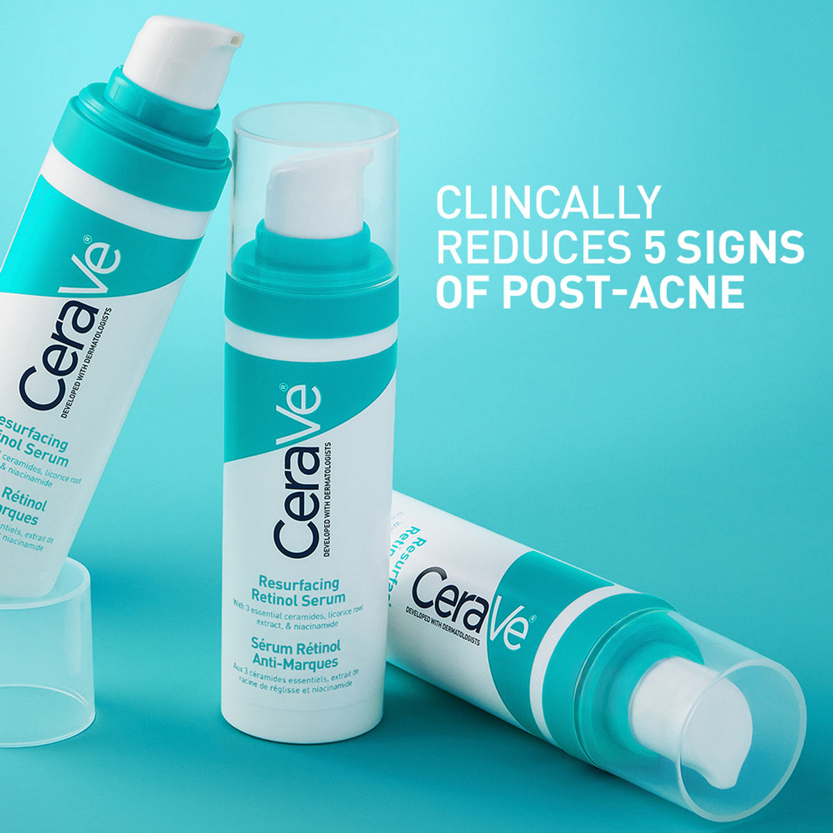 CeraVe Resurfacing Retinol Serum with licorice root extract and niacinamide, shown in a sleek bottle for reducing acne marks.
