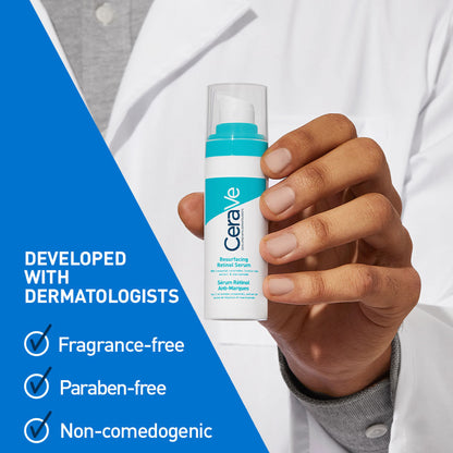 CeraVe Resurfacing Retinol Serum with licorice root extract and niacinamide, reducing acne marks on skin.
