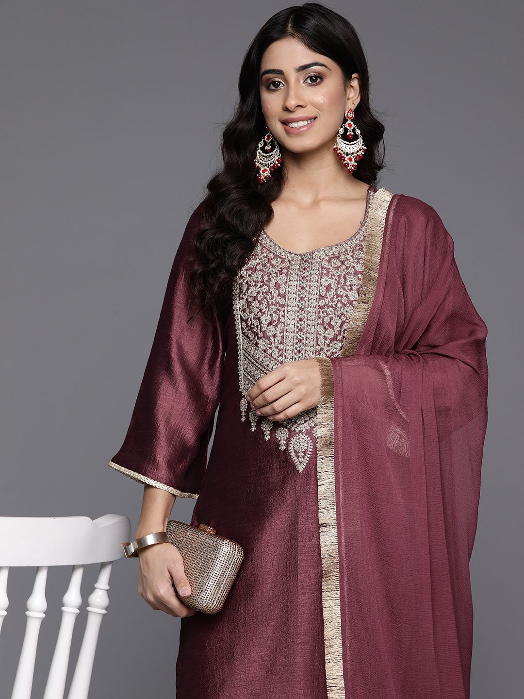 Indyancart VA Ethnic Motifs Embroidered Zari Kurta with Palazzos & Dupatta