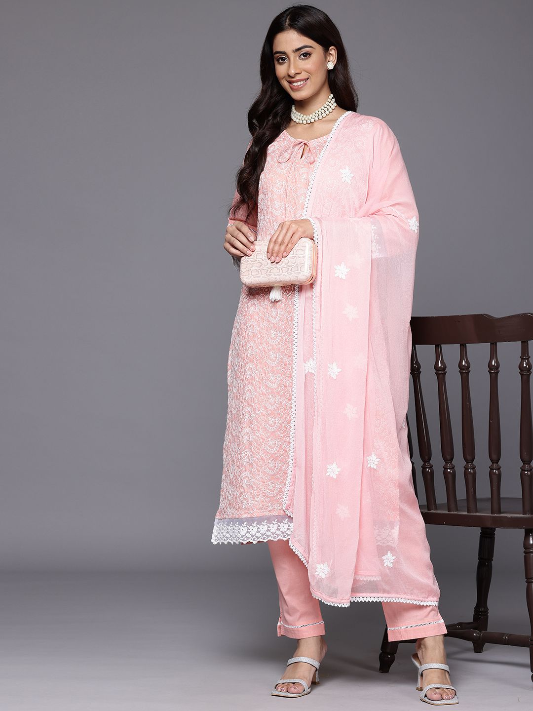 Dhiyona VA Women's Floral Embroidered Chikankari Pure Cotton Kurta with Trousers & Dupatta
