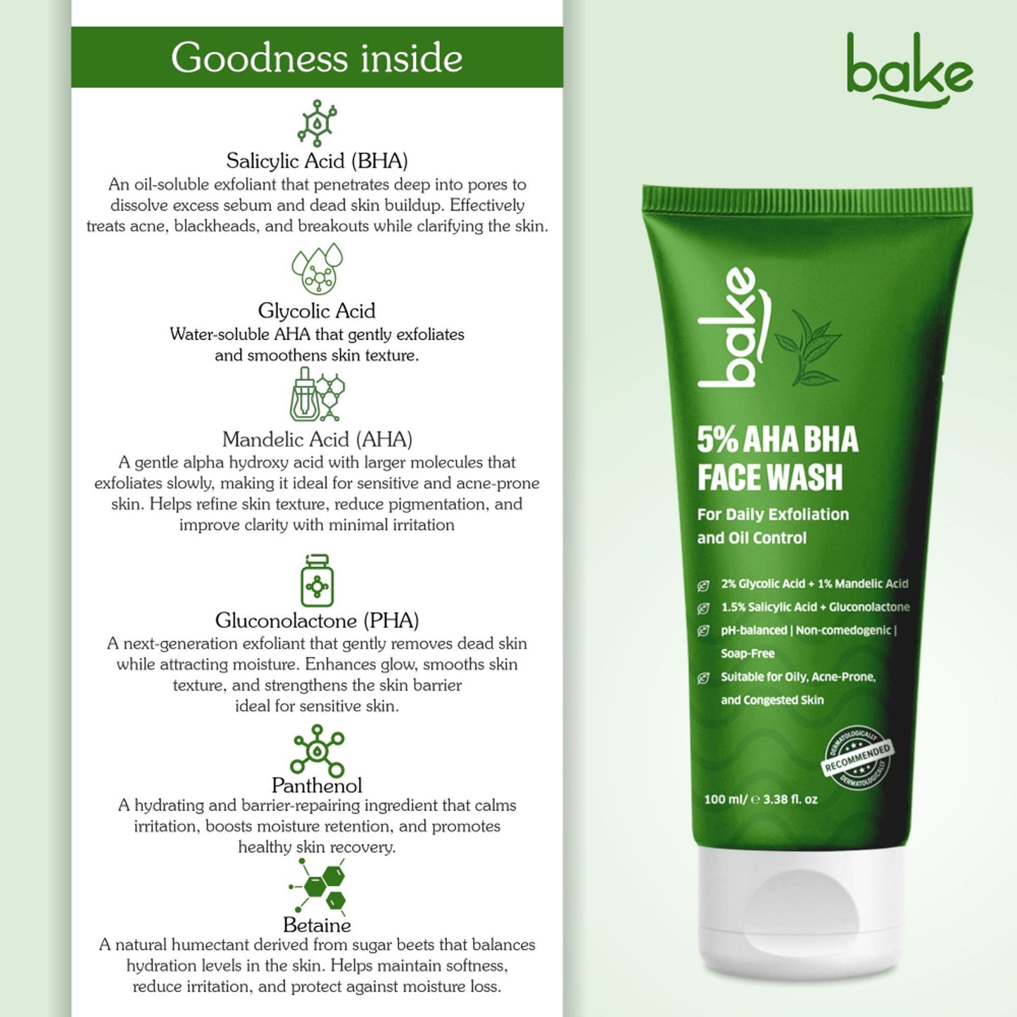 BAKE 5% AHA BHA Face Wash with Salicylic Acid, for Open Pores, Daily Exfoliation & Oil Control