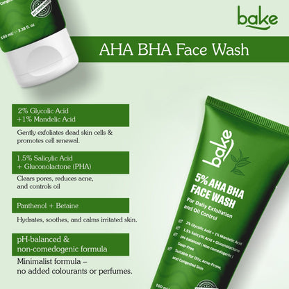 BAKE 5% AHA BHA Face Wash with Salicylic Acid, for Open Pores, Daily Exfoliation & Oil Control