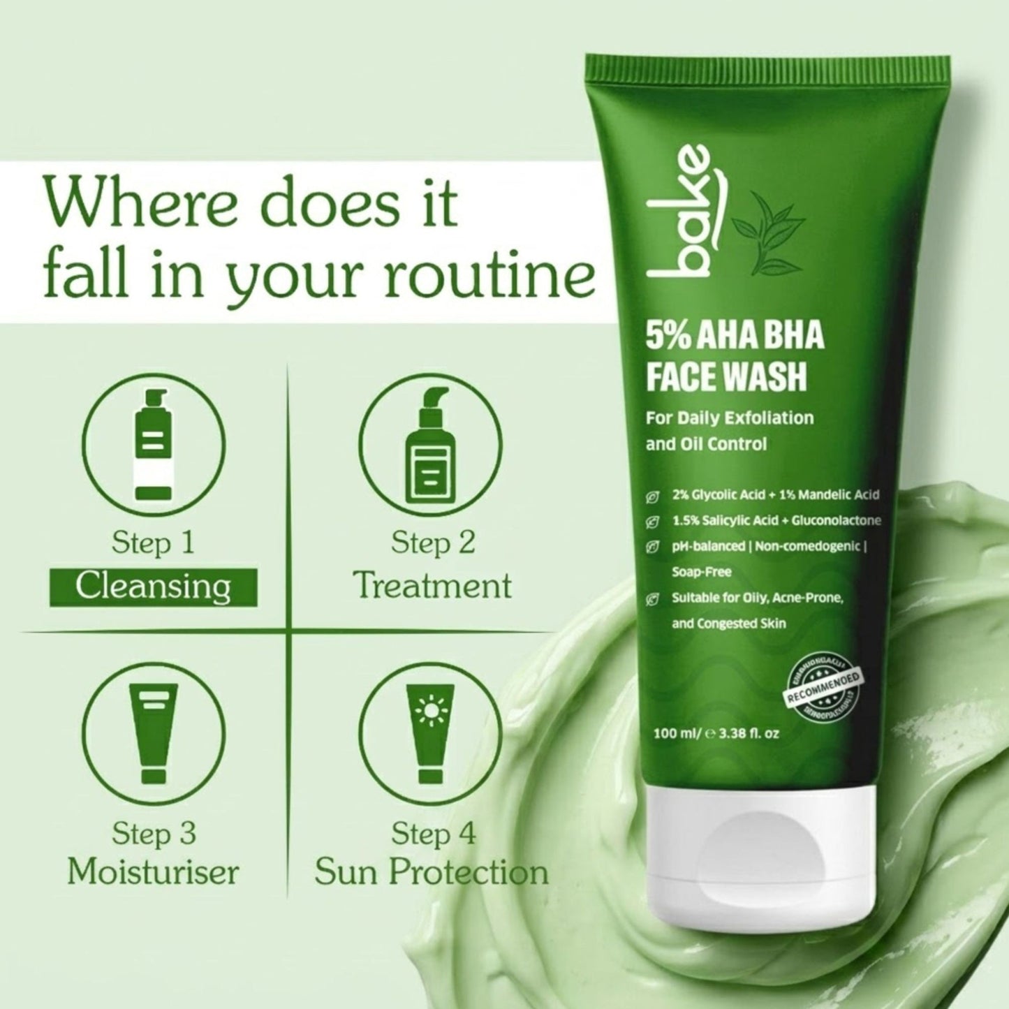 BAKE 5% AHA BHA Face Wash with Salicylic Acid, for Open Pores, Daily Exfoliation & Oil Control