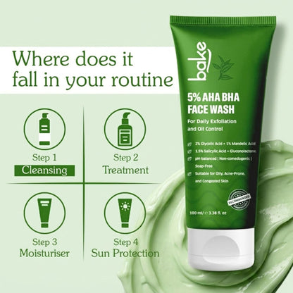 BAKE 5% AHA BHA Face Wash with Salicylic Acid, for Open Pores, Daily Exfoliation & Oil Control