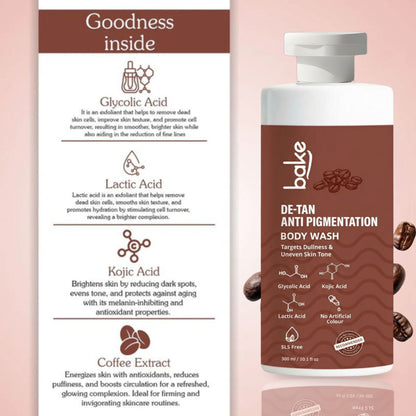 BAKE De-Tan Anti Pigmentation Coffee Body Wash for Dark Spots, Pigmentation, Tanning & Tan Removal