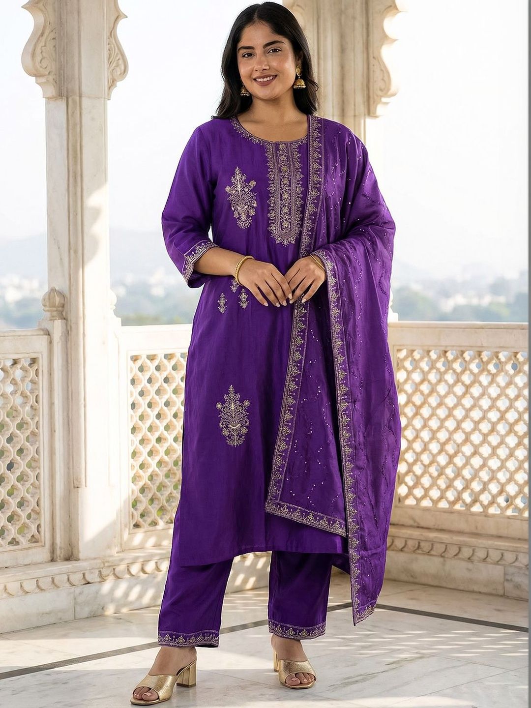 Indyancart Women's Ethnic Motifs Embroidered Regular Thread Work Kurta with Trousers & With Dupatta